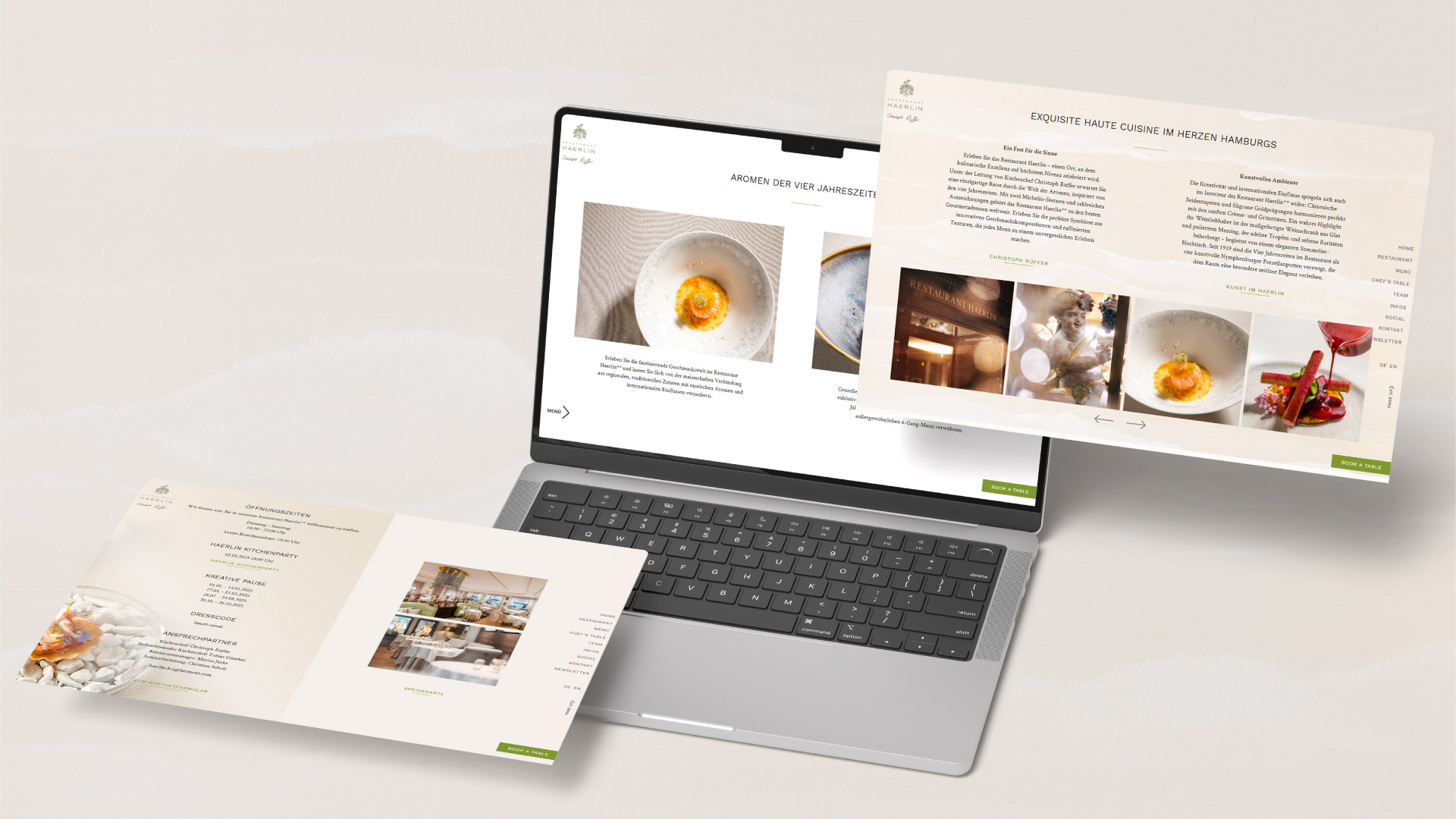 Mockup of the website for Restaurant Haerlin*** Various page excerpts from the website for the Haerlin*** restaurant integrated into one screen