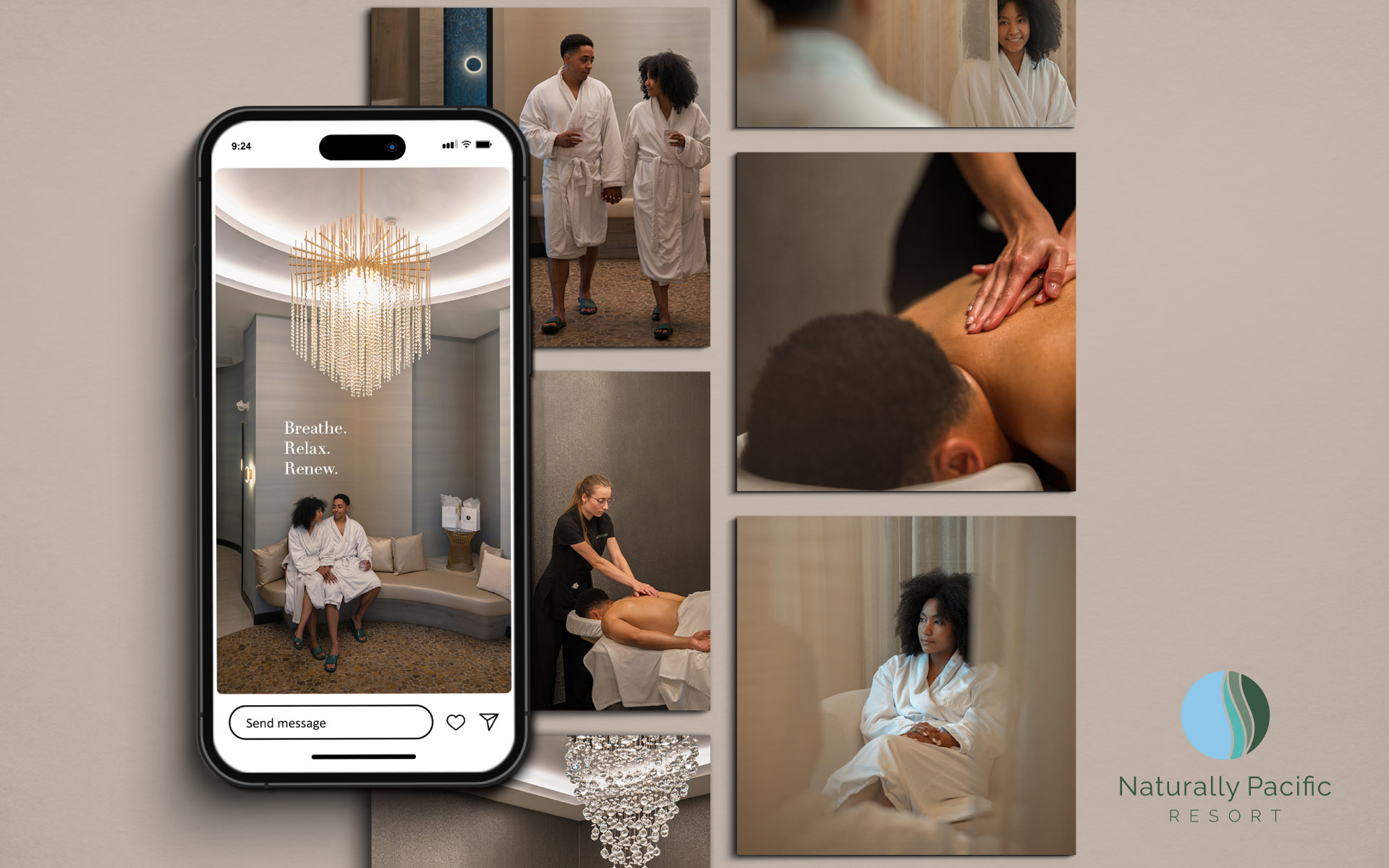 Mockup mit Social Media Fotografien zum Spa in ähnlicher beigetönigen Farbstimmung