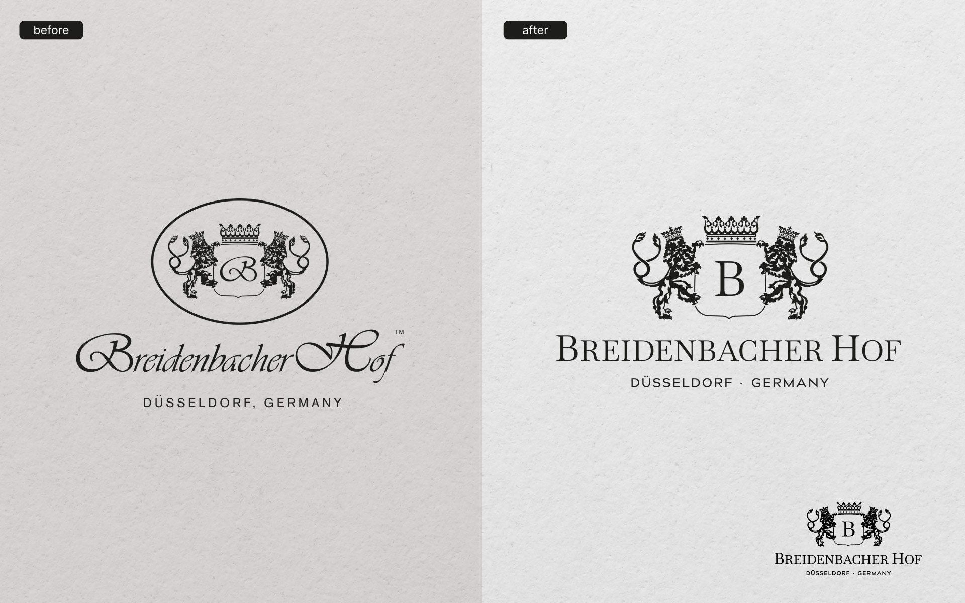 Before and after picture of the word-picture mark of the Breidenbacher Hof. On the left is the original. On the right is the new version.