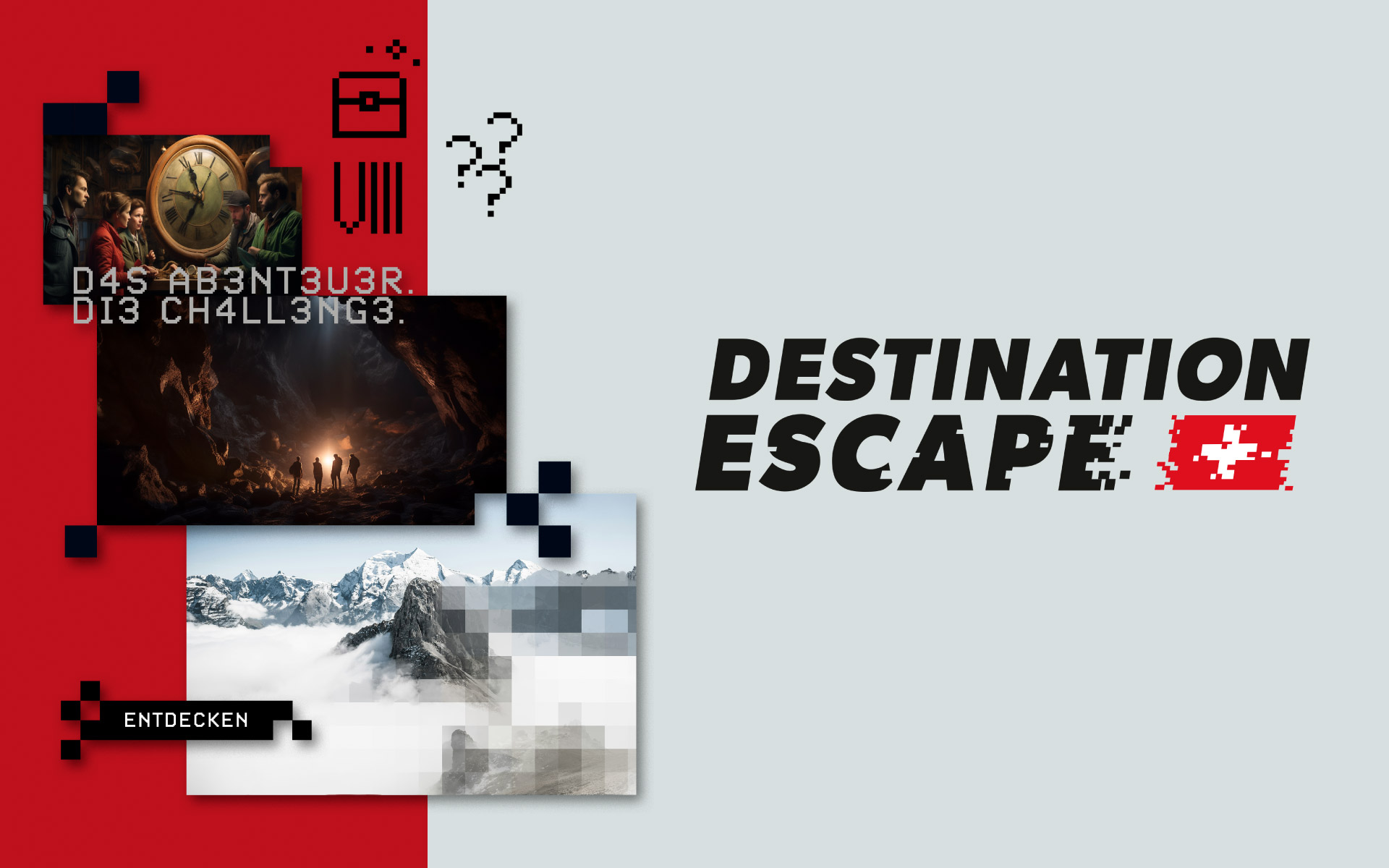 Branding of the project Destination Escape. On the right, the coloured logo. On the left, three concept images, the matching black button for the website and three black icons. All are designed in the corporate design with pixel graphics. In the backgroun